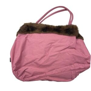 Murval Pink Canvas Tote Bag Faux Fur Animal Print Trim Shoulder Bag Y2K Style